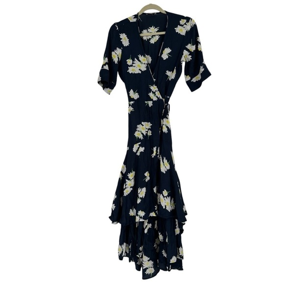 Ganni Silvery Crepe Wrap Dress Size 36 Daisy Floral Print Spring - Picture 9 of 9